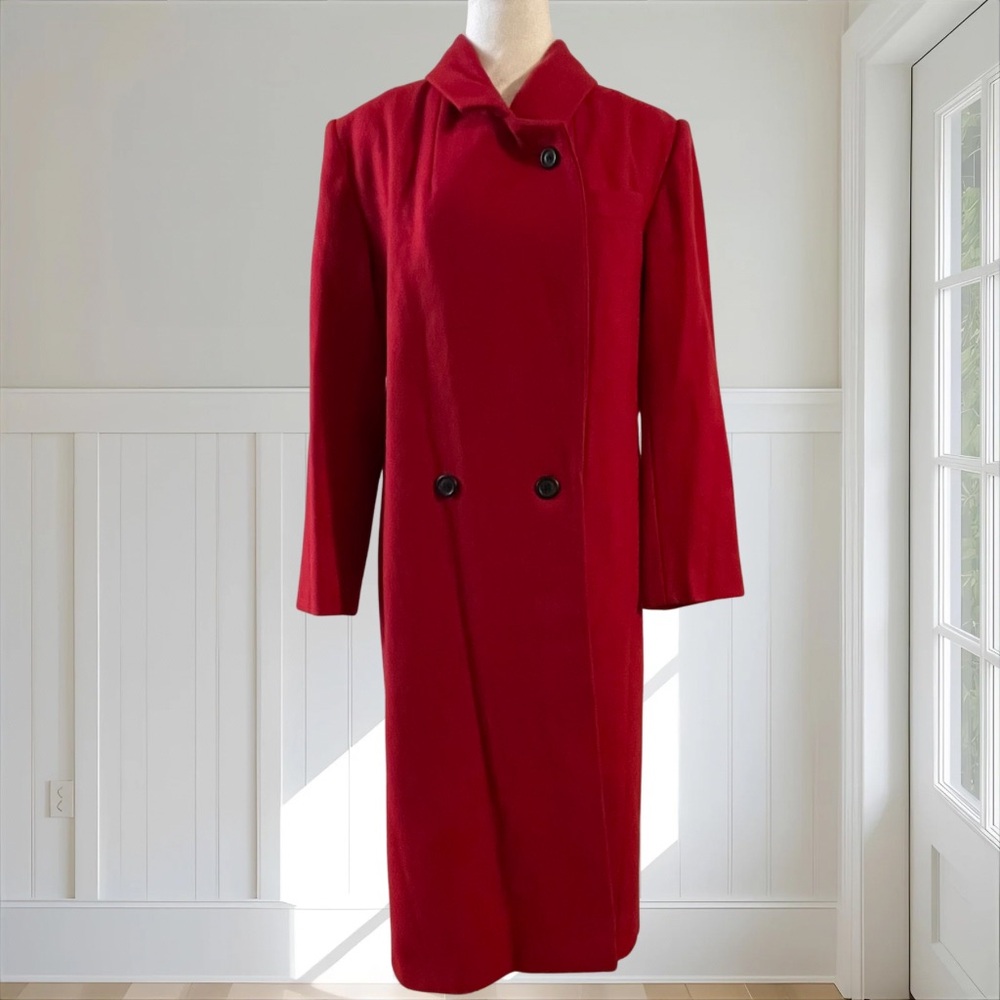 ADOLFO CLASSICS Vintage 90s Red 100% Wool Double Breasted Long Coat 8P Ukraine - Picture 2 of 12